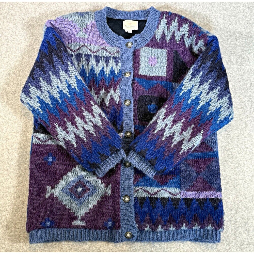 VTG Susan Bristol Cardigan Sweater Blue Purple Mohair Blend Southwestern L Boho